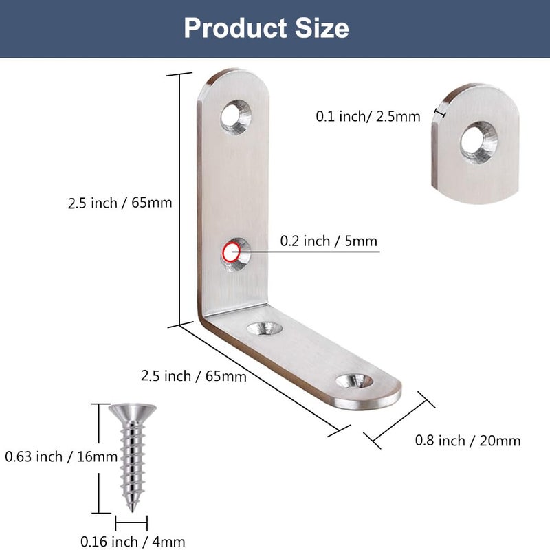 YEWLACA 6 Pcs L Bracket Corner Brace Stainless Steel 65x65mm 90 Degree Small Shelf Brackets for Wood, Shelves, Heavy Duty Support Joint Right Angle Braces with Screws - Image 2